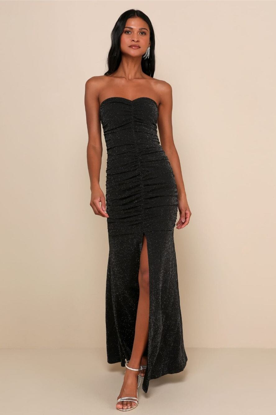 #298 MSRP $69 NWT LULUS WHEN MAGIC HAPPENS BLACK GLITTER RUCHED MAXI ♡SIZE S/2♡
